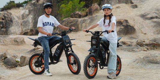 URLIFE E5 electric moped riding on gravel forest trail, correct standing off-road riding posture