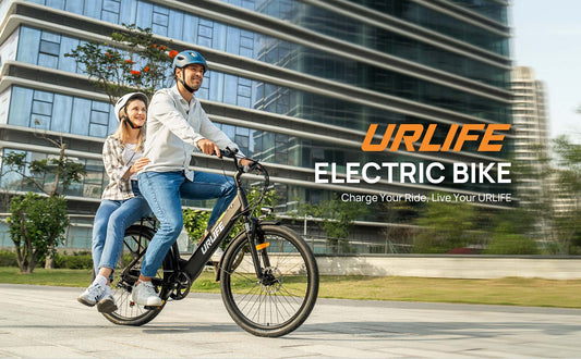 Parent riding URLIFE e-bike with child in rear seat on quiet residential street, safe family e-bike riding scene